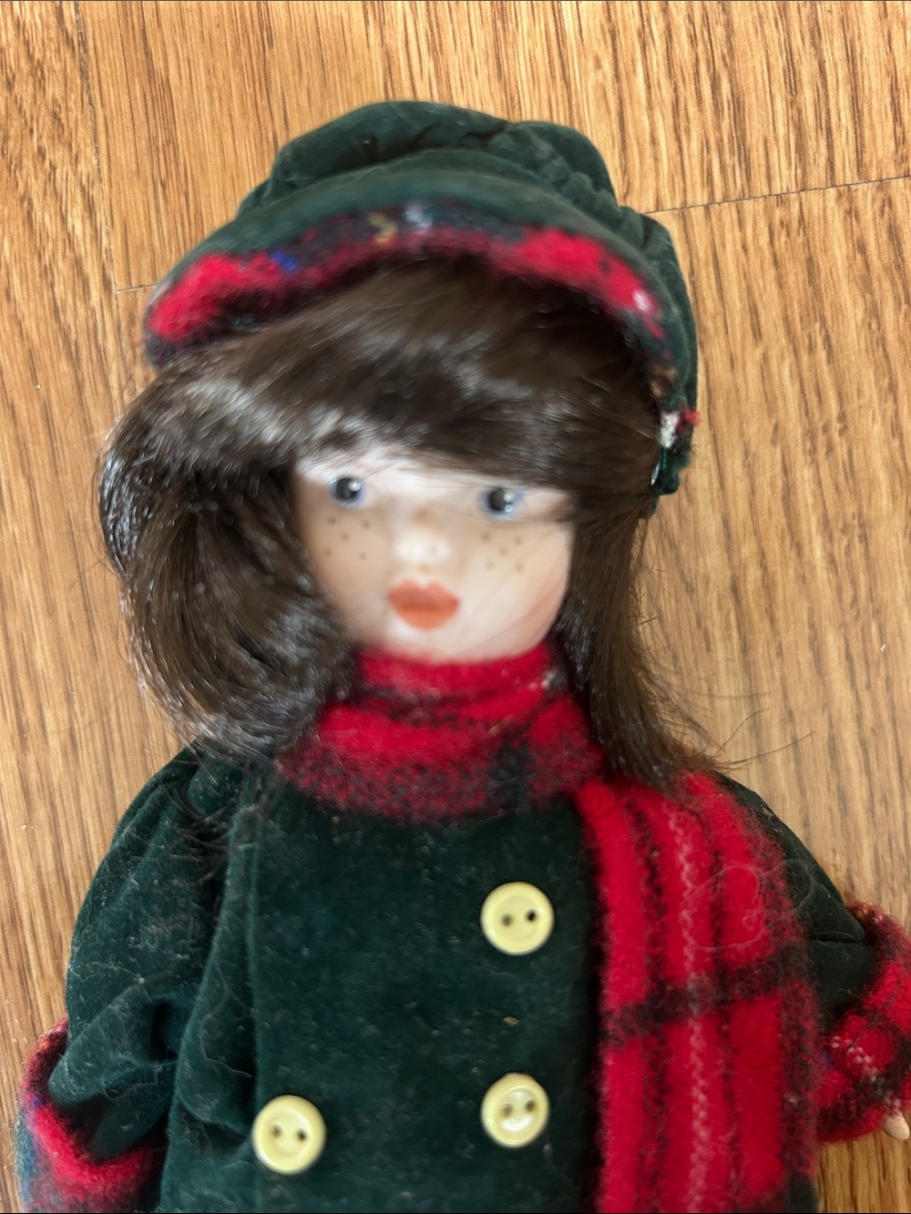 Green Velvet Holiday Doll with Red Plaid Scarf - Picture 2 of 4